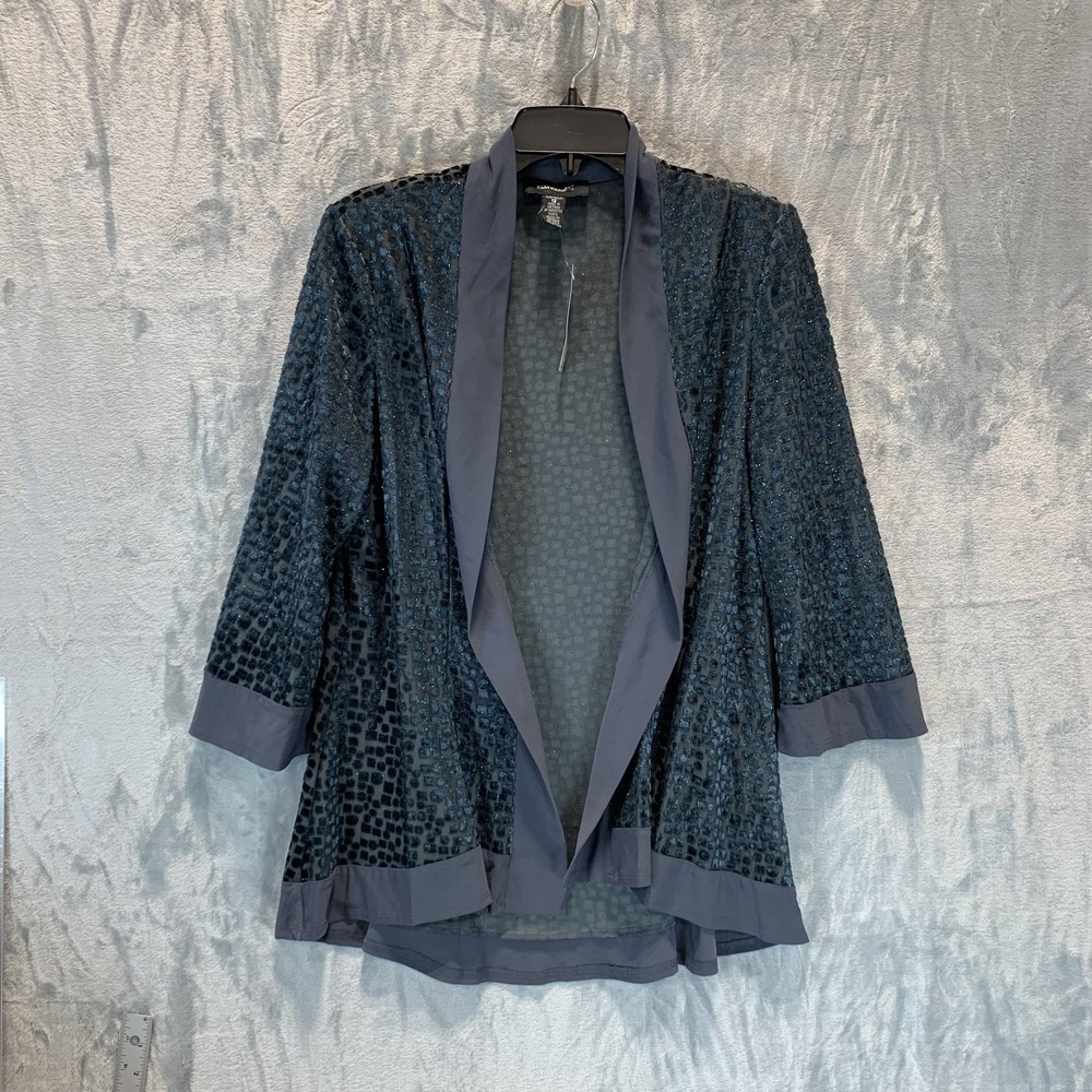 R&M Richards Women's Cardigan 12 Open Front Black Geometric Sheer Burnout Velvet
